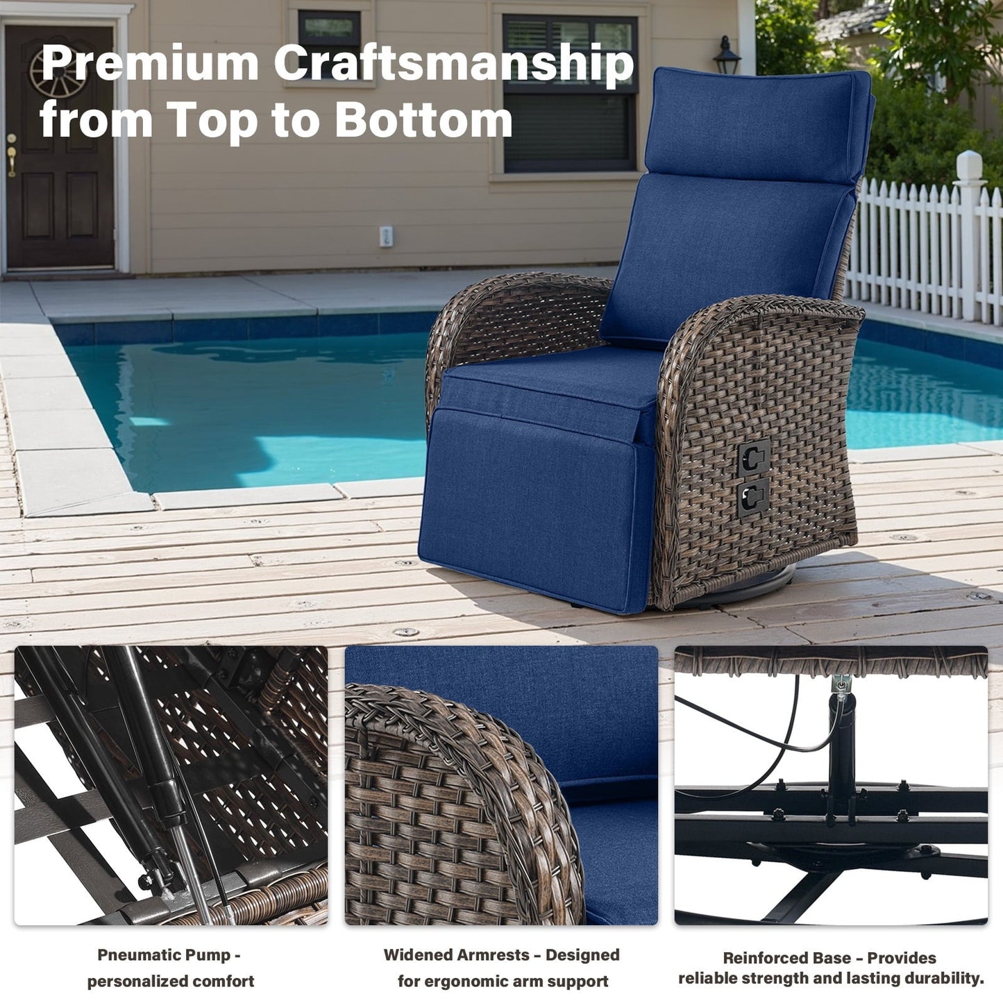 Bellefurn Outdoor Swivel Recliner Chairs,Patio Wicker Recliner Chairs Outdoor Lounge Chairs with Thickness Cushions,Adjustable Angle,Reclining Lounge Chair for Outdoor,Fire Pit,Pool,Garden