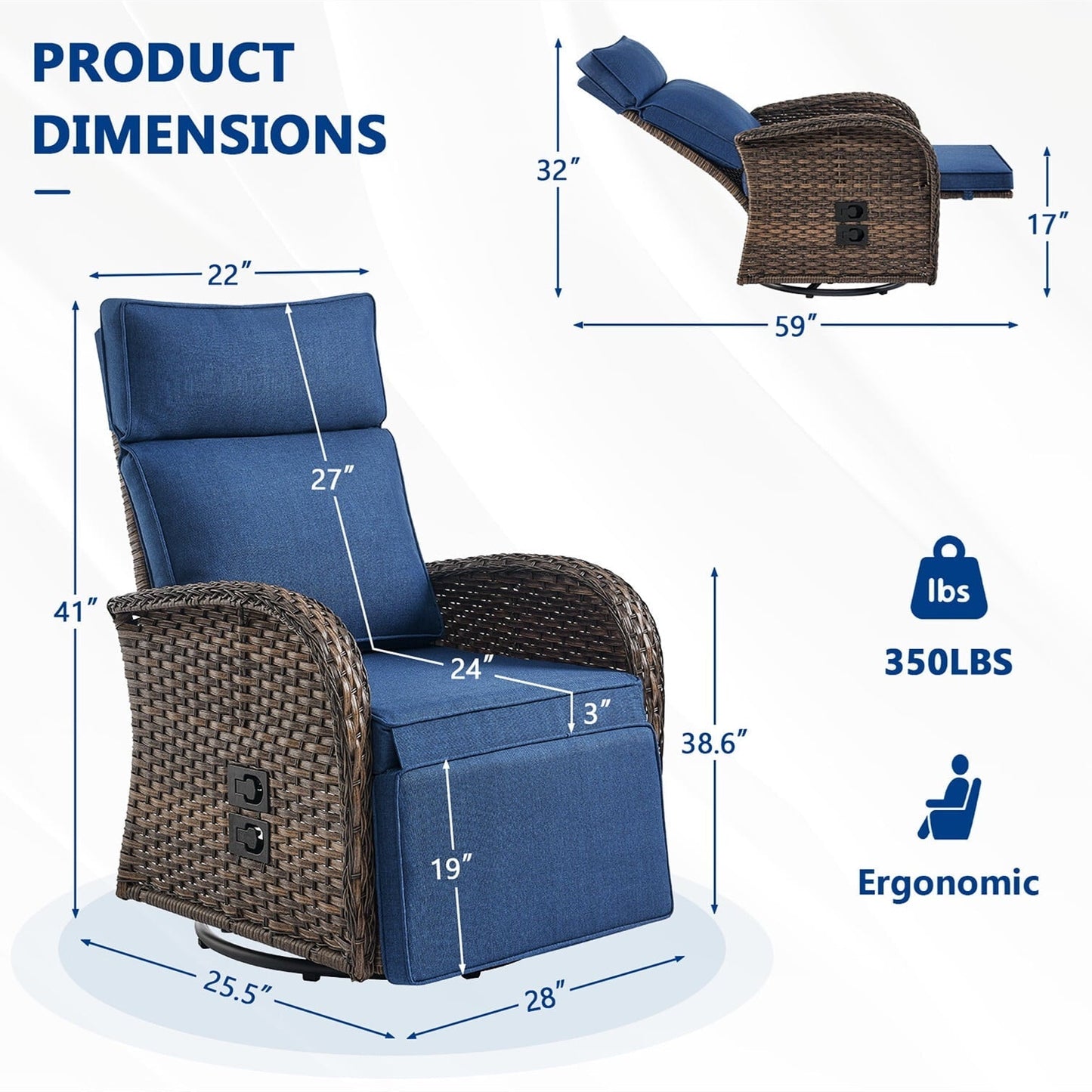 Bellefurn Outdoor Swivel Recliner Chairs,Patio Wicker Recliner Chairs Outdoor Lounge Chairs with Thickness Cushions,Adjustable Angle,Reclining Lounge Chair for Outdoor,Fire Pit,Pool,Garden