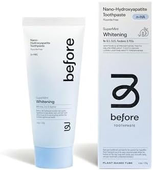 Before | Fluoride Free n-HA Whitening Toothpaste | Natural, Nano Hydroxyapatite Helps Strengthen Teeth & Remineralize Enamel for Oral Health, Lasting Mint Flavor, Made in The USA — 4.4oz