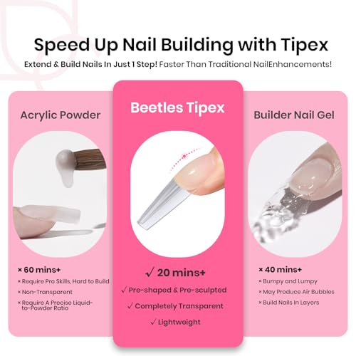 Beetles Tipex Instant Apex Nail Tips Kit, Coffin Long 224Pcs 16 Sizes Pre-Building & Pre-Etched Thicker Acrylic Nails False Nail Extension with Tipex Nail Glue Mini Nail Lamp
