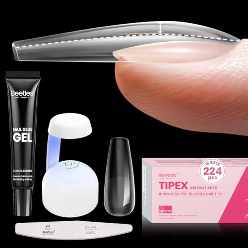 Beetles Tipex Instant Apex Nail Tips Kit, Coffin Long 224Pcs 16 Sizes Pre-Building & Pre-Etched Thicker Acrylic Nails False Nail Extension with Tipex Nail Glue Mini Nail Lamp