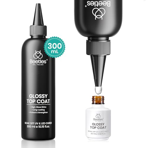 Beetles Extra Glossy Top Coat Bulk 300ml No Wipe Gel Top Coat Refill, Super Large Capacity High Shine Gel Nail Polish Clear Glossy Gel Polish Art Supplies for Techs Manicure Store or Nail Salon Lover
