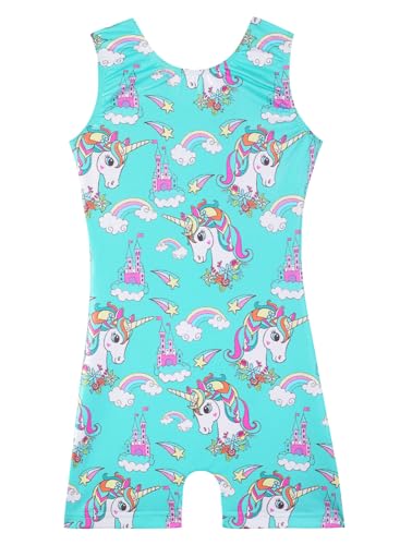 Belovance Leotards for Girls Gymnastcis Dance Outfit 7-8 Kid Child Sleeveless Sparkle Green Castle Unicorn Biketard (Green Castle, 7-8 Years)