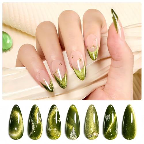 Beetles Green Gel Nail Polish, 15ML Olive Green Cat Eye Glitter Gel Nail Polish, Holographic Glitter Olive Green Cat Eye Magnetic Gel Polish Soak Off Uv Nail Art Manicure Gifts for Women