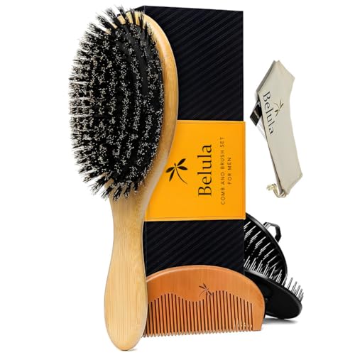 Belula Boar Bristle Hair Brush Set for Men - Soft Mens Hair Brush for Thin, Normal & Short Hair - Includes Wooden Comb, 2 Palm Brushes & Travel Bag - Best Hair Brushes for Men!