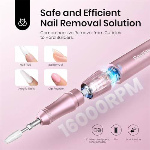 Beetles Electric Nail Drill Cordless, 35 Adjustable Speeds Portable Nail Drill Rose Gold Long Battery Life Polishing Set Professional Nails Machine Kit Manicure Pedicure Tools for Home Salon Use