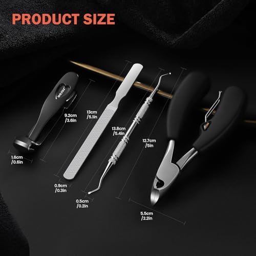 BEZOX Toenail Clipper Kit 4PCS Nail Care Set for Ingrown Toenails – Curved Head Toe Nail Clippers for Seniors for Thick Nails, Thick Fingernail Clippers, Long Nail File & Dual-Ended Lifter - Black