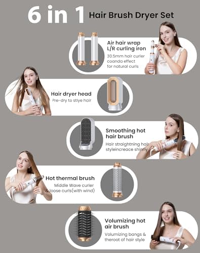 6 in 1 Hair Dryer Brush,Blow Dryer Brush Ionic Hair Dryer,Multi Hair Styler for Fast Drying Styling Curling Straightening Volumizing,Hair Curler Hair Straightener Styler Autowrap Air Styler