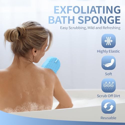 Berosely Radiant Skin Sponge - Exfoliating Body Scrubber for Sensitive Skin, Shower & Bath Use, Deep Cleansing with Soft High-Density Sponge, Gentle Exfoliation, Hanging Rope (Grey+Blue+Pink+White)