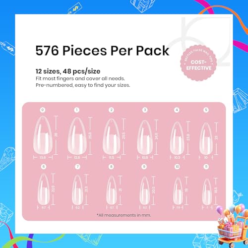 Beetles Medium Almond Nail Tips 576pcs 12 Sizes, Pre-Etched Soft Gel Nail Tips Half Matte Full Cover False Nail Tips Clear Acrylic Nails Glue on Nails DIY Nail Extension Gift for Women