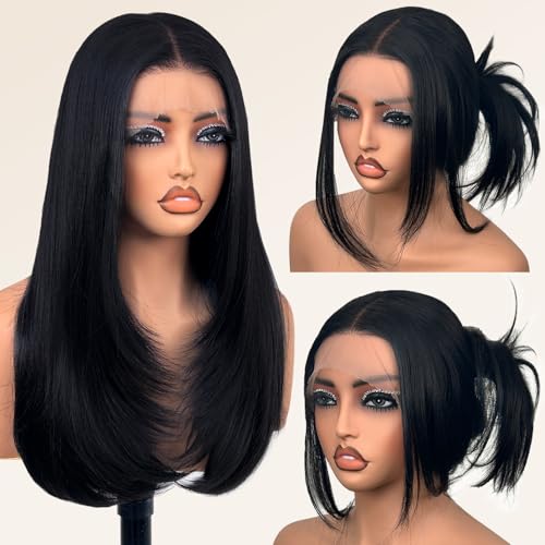 Glueless Synthetic Lace Front Wig 26 Inches Long Straight Black Wigs for Black Women 13x5x1 HD Lace Hand Tied Pre Plucked Hairline (#1B Natural Black, 26 Inch)