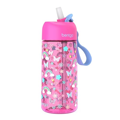 Bentgo Kids Water Bottle - Leak-Proof, Durable Tritan™, BPA-Free 15 oz. Cup for Kids/Toddlers Ages 3+ - Flip-Up Straw & Dishwasher Safe for School, Sports, Daycare & Camp (Rainbows & Butterflies)