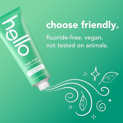 hello Super Fresh Fluoride Free Toothpaste, Toothpaste for Bad Breath, Helps Remove Surface Stains, Natural Spearmint, 3 Pack, 4.7 Oz Tubes