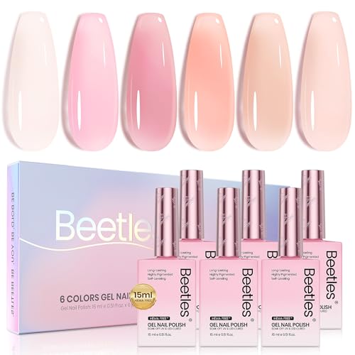 Beetles Nude Pink Gel Nail Polish Set, 6 Colors Hema Free Light Pink Jelly Gel Polish Translucent 15ML Full Size Nail Concealer High Gloss Soak Off UV Salon Spring Colorful Bottle Gel Gift for Women