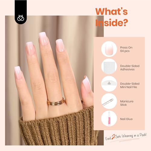 Beetles Ombre Tips Press On Nails, 16 Sizes 64 Pcs Short Pink Ombre Fake Nails, Short Square Press On Nails Extensions Gel Nail Tips Nail Art DIY Manicure Gifts for Women