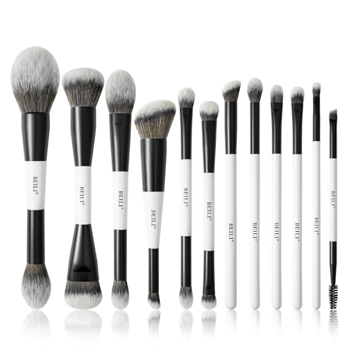 BEILI Makeup Brushes 12 Pieces 18 In 12 Double-Sided Contour Foundation Highlight Blush Brush Eyeshadow Eyeliner Concealer Brush Black and White Suitable for Travel, Gifts, Makeup Lovers