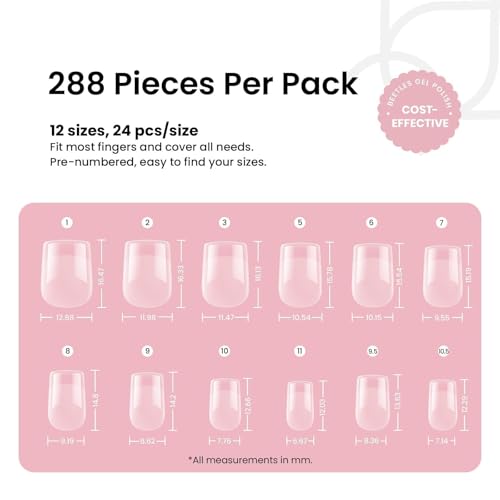 Beetles Gel Nail Tips 288 pcs Extra Short Square Nail Tips 12 Sizes Full Cover Gel Press On Nails Half Matte Acrylic Square Fake Nail Extension Set for Women Home DIY