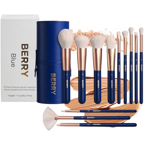 BERRY Blue Premium Makeup Brush Set – 12-Piece Professional Ultra-Soft Synthetic Brushes for Face & Eyes | Foundation, Powder, Blush, Concealer, Eyeshadow – Vegan, Cruelty-Free, Numbered, Travel Case