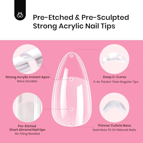 Beetles Tipex Instant Apex Nail Tips Kit, Almond Short 224Pcs 16 Sizes Pre-Building & Pre-Etched Thicker Acrylic Nails False Nail Extension with Tipex Uv Nail Glue Mini Nail Lamp