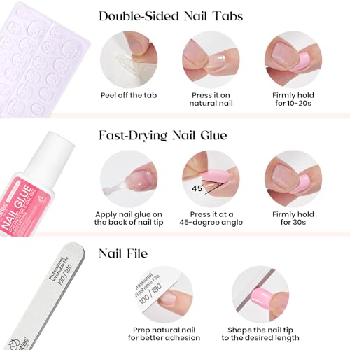 Beetles Press on Nails Kit 720Pcs 24 Colors, Press on Nails Short Almond Glossy Matte Glitter With Nail Glue & Nail Tabs Stickers, Natural Fit Lightweight Fake Nails Kit Art For Women Girls