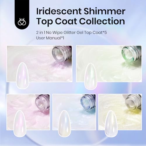 Beetles Pearl Glitter Top Coat Set, 5 Colors Iridescent Pastel Shimmer Mermaid Glossy Top Coat Gel Polish Shiny Long-Lasting No Wipe Soak Off UV LED Nail Art Gifts for Women