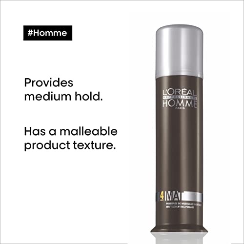 L'Oréal Professionnel Paris Men’s Styling Pomade - For All Hair Types, Provides Medium Hold and Matte Finish