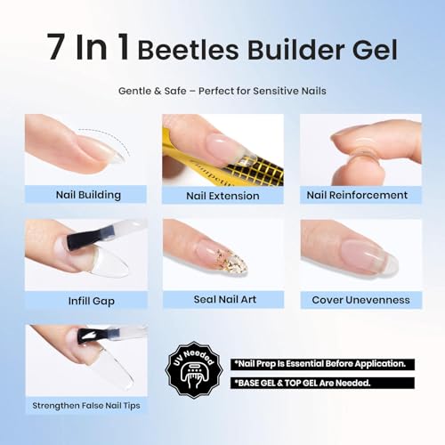 Beetles Low Heat Builder Nail Gel 0.51 OZ 7 in 1 Clear Strengthener Gel for Weak & Thin Nails Building Nail Apex & Extension with Detachable Liner Nail Brush for Beginners & DIY Salon Manicure