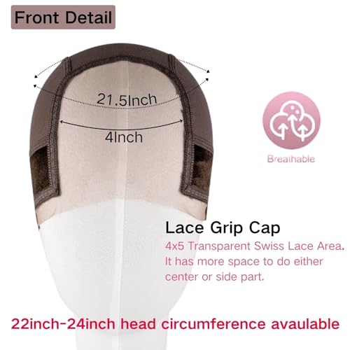 Lace Wig Grip Cap Women: 4x5 Transparent Swiss Lace Front - Non-slip Wig Gripper for Keeping Wigs In Place - Adjustable Elastic Headband with Velcro Medium Size