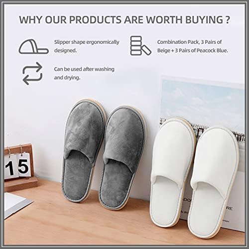 GONG GONG 6 Pairs Non Slip Disposable Slippers, Washable & Reusable, Closed Toe Crystal Velvet Slipper for Guest, Bathroom, House, Hotel, Party, SPA, Wedding