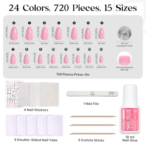 Beetles Press on Nails Kit 720Pcs 24 Colors, Press on Nails Short Almond Glossy Matte Glitter With Nail Glue & Nail Tabs Stickers, Natural Fit Lightweight Fake Nails Kit Art For Women Girls