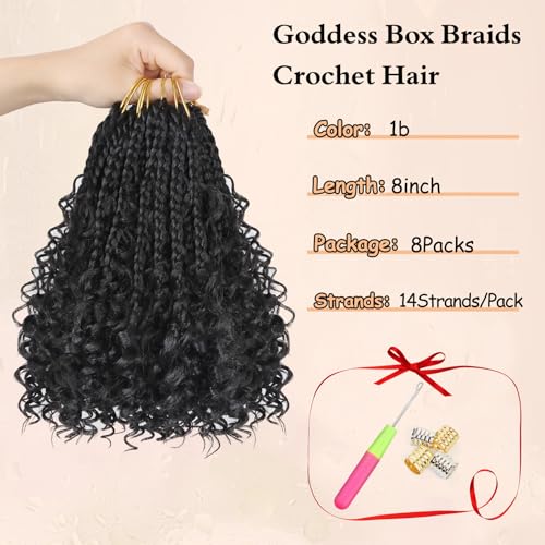 Goddess Box Braids Crochet Hair 1B - 8 Inch Pre Looped Boho Crochet Braids with Curly Ends, 8 Packs Crochet Hair for Black Women Boho 3X Synthetic Braiding Hair Extensions
