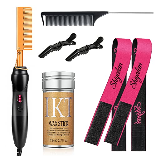 Hot Comb Set 7Pcs, Electric Hair Straightener Pressing Comb for Black Hair, Hot Comb Set with Wig Wax Stick, Lace Band, Rat Tail Comb &Salon Clips