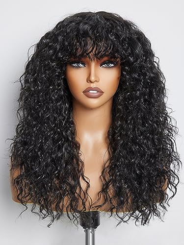 GORGIUS Shaggy Haircuts Natural Black Curly Wig with Bangs Crafted with Style-Archive Technology: Premium Fiber & Remy Human Hair Blended, Realistic Look with True Scalp