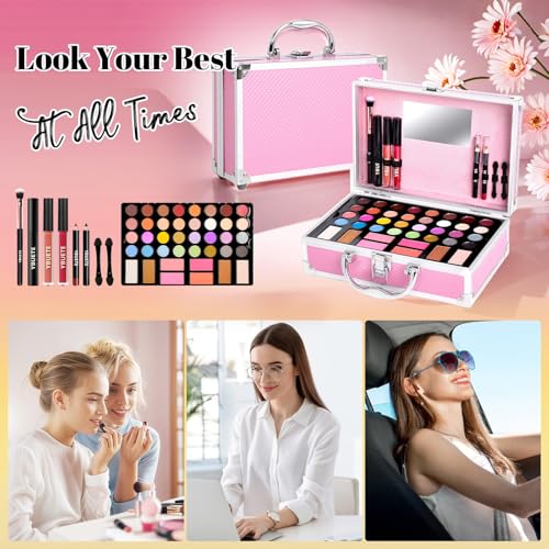 Beginner Makeup Kit for Teen,Makeup Set for Girl Women,Beginner Makeup Kit with Cosmetic Train Case Included 32 Colors Eyeshadow Blush Contour Lip Gloss Lip Liner Mascara Eyeliner Mirror