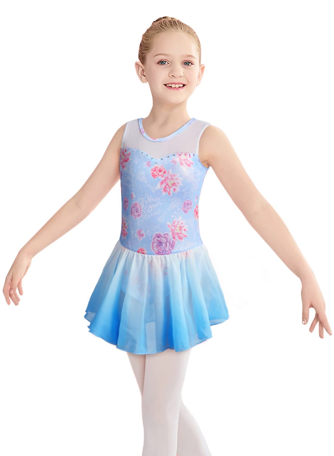 Belovance Dance Leotards for Girls Gymnastics Ballet Dress 2t 3t Toddler Kid Sleeveless Blue Flowers Tutu Skirted Leotard (Blue Flowers, 100(2-3T))