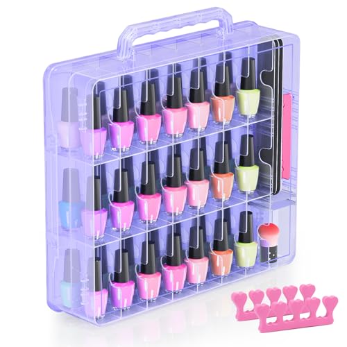 Beloving Nail Polish Organizer Case for 48 Bottles Nail Polish Holder with Adjustable Divider, Gel Nail Polish Storage Double Side Organizer Case for Storage Display, Purple