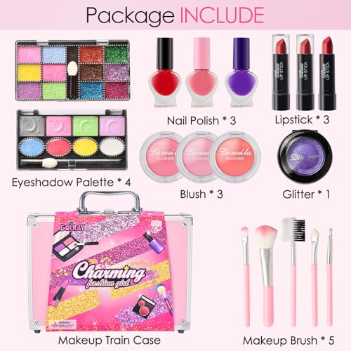 Golray Teen Makeup Kit for Girls Ages 8-12, Starter Full Make up Set With Train Case / 4 Eyeshadow Pallets/Blush/Nail Polish/Lipstick/Brush, Kid Birthday Gift Beauty Toy for Girl 9 10 11 12 Years