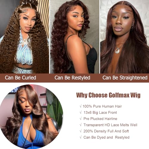 GOLFMAX 30 Inch Chocolate Brown Lace Front Wig Human Hair Body Wave 13x6 HD Lace Front Wigs Pre Plucked 200 Density Colored Brown Wig Human Hair Wigs For Women