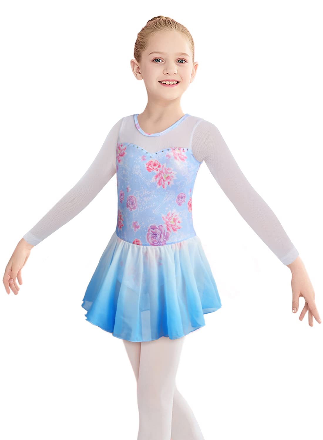 Belovance Dance Leotards for Girls Gymnastics Ballet Dress 2t 3t Toddler Kid Long Sleeves Blue Flowers Tutu Skirted Leotard (Blue Floral, 100(2-3T))