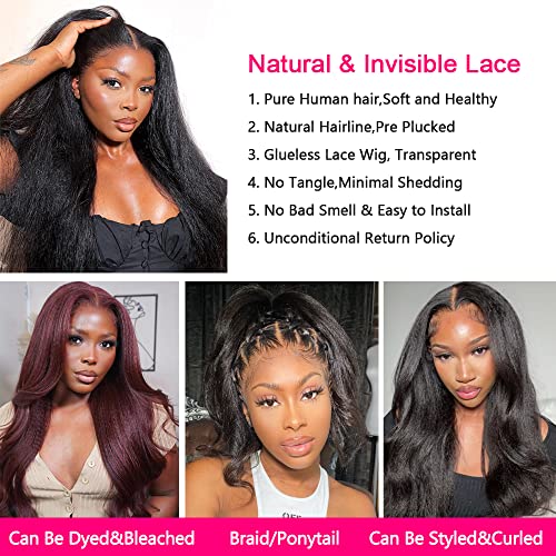 GOLFMAX Kinky Straight Lace Front Wigs Human Hair Pre Plucked With Baby Hair 180% Density Yaki Straight 13x4 Transparent HD Glueless Lace Wig Human Hair Wigs For Black Women 24 Inch