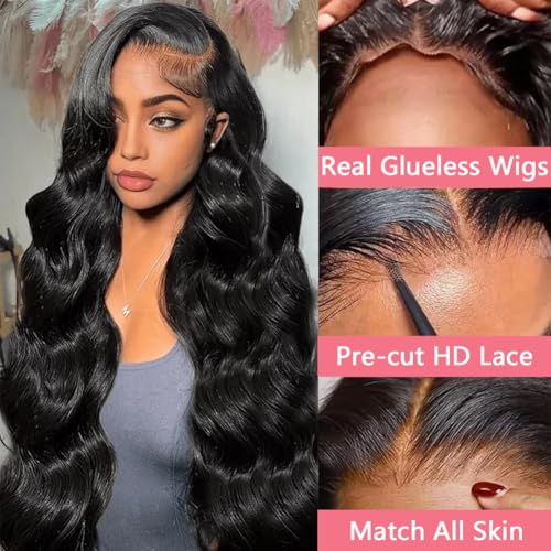 Glueless Wigs Human Hair Pre Plucked Pre Cut 5x5 HD Lace Closure Wigs Human Hair 180% Density Wear and Go Body Wave Lace Front Wigs Human Hair for Women 28 Inch