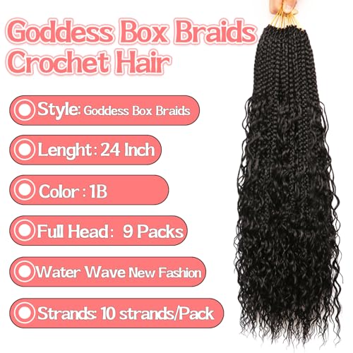 Goddess Box Braids Crochet hair -24 Inch 9 Packs Water Wave Boho Crochet Braids for Black Women (1B#, 24 Inch (Pack of 9))