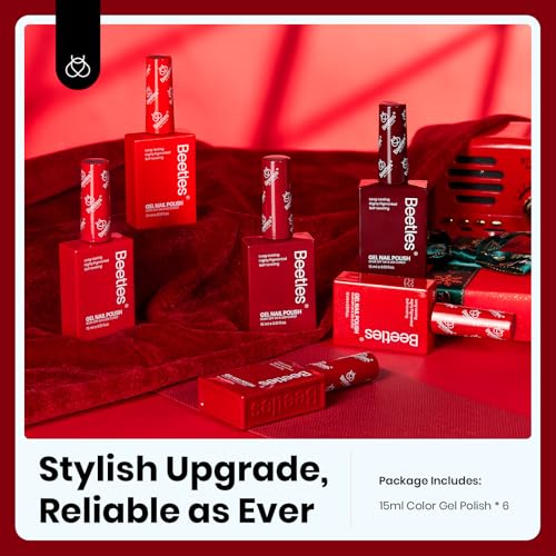 Beetles Red Gel Nail Polish Set-15ML 6 Colors Shimmer Bloody Red Burgundy Gel Polish Kit Soak Off UV Full Size Nail Polish Nail Art Salon Design DIY Gift for Women Colorful Bottle