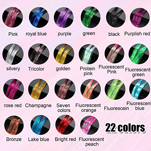 22 Colors 4400 Strands Hair Tinsel Strands Kit 47 Inches Sparkling Party Tinsel Hair Extensions Highlights Multi-Colors Synthetic Hair Streak Bling(22 color/set)