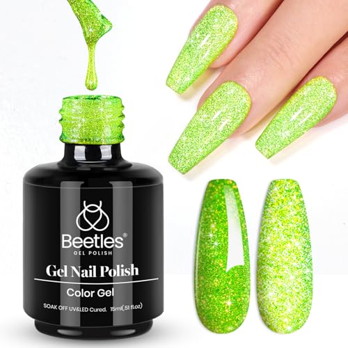 Beetles Gel Polish Green Glitter Gel Nail Polish 15ml Reflective Nail Art Manicure Salon DIY at Home Gifts for Women Lime Shock