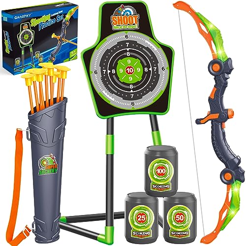 GMAOPHY Bow and Arrow Toys for Kids, Archery Set includes Super Bow with LED Lights, 10 Suction Cups Arrows,Archery Set with Standing Target and 3 Target Cans for Boys