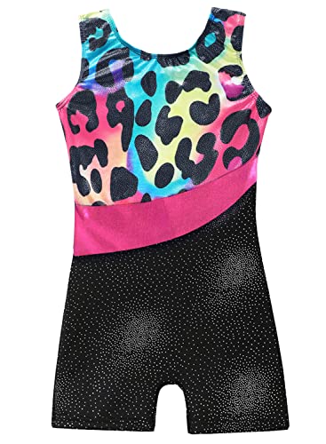 Belovance Leotards for Toddler Girls Gymnastics Biketard 3t 4t Sparkle Colorful Leopard Pattern Sleeveless Dance Outfit Hotpink Black (Rainbow Leopard, 3-4T)