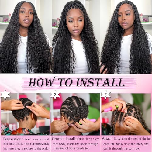 Goddess Locs Crochet Hair 30 Inch Faux Locs Crochet Pre-looped Boho Faux Locs with Curly Ends 8 Packs Long Bohemian River Locs Crochet Hair for Black Women(30Inch, 1B)