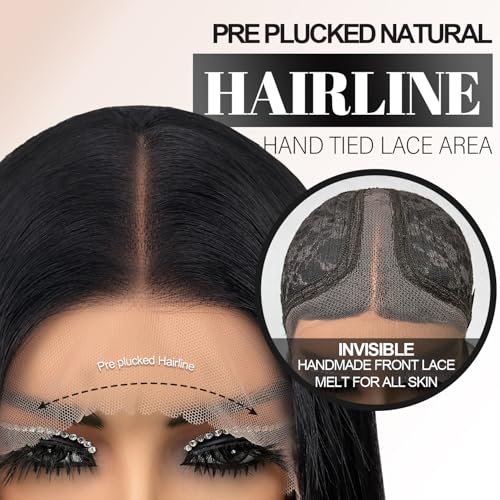 Glueless Synthetic Lace Front Wig 26 Inches Long Straight Black Wigs for Black Women 13x5x1 HD Lace Hand Tied Pre Plucked Hairline (#1B Natural Black, 26 Inch)