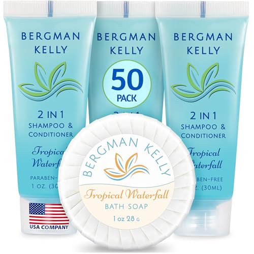 BERGMAN KELLY Round Soap Bars, 2in1 Shampoo & Conditioner 2-Piece Set (Tropical Waterfall, 1 oz each, 100 pc), Delight Your Guests with Revitalizing & Refreshing Sanitary Toiletries & Hotel Amenities